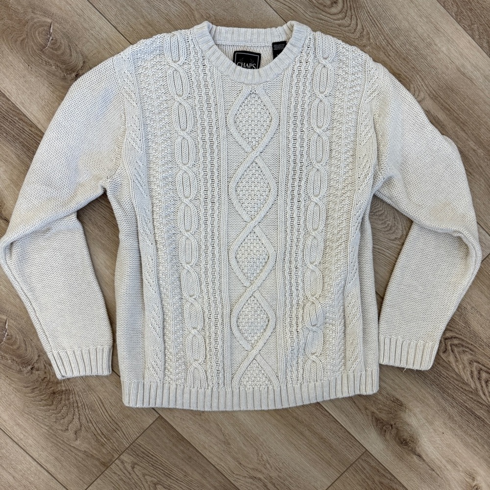 Cotton Unisex Chunky Fisherman Knit Cream Sweater Chaps LG